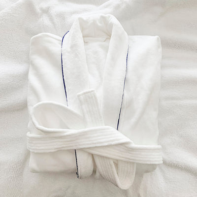 BATHROBE VELOR WHITE W/ BLUE TRIMMING